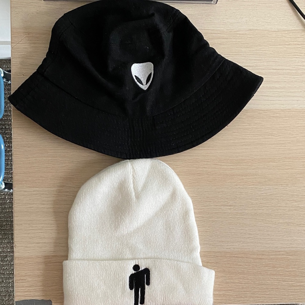 Black Alien Head Bucket Hat and White Billie Eilish Beanie Set